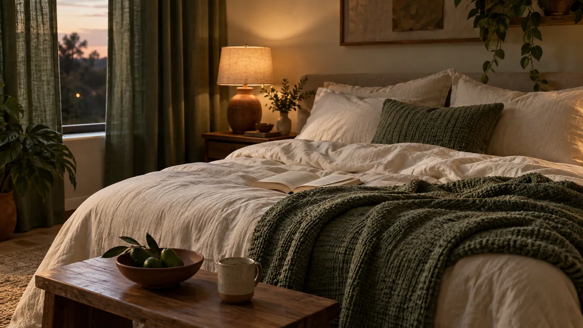 A bedroom with curtains and soft lighting
