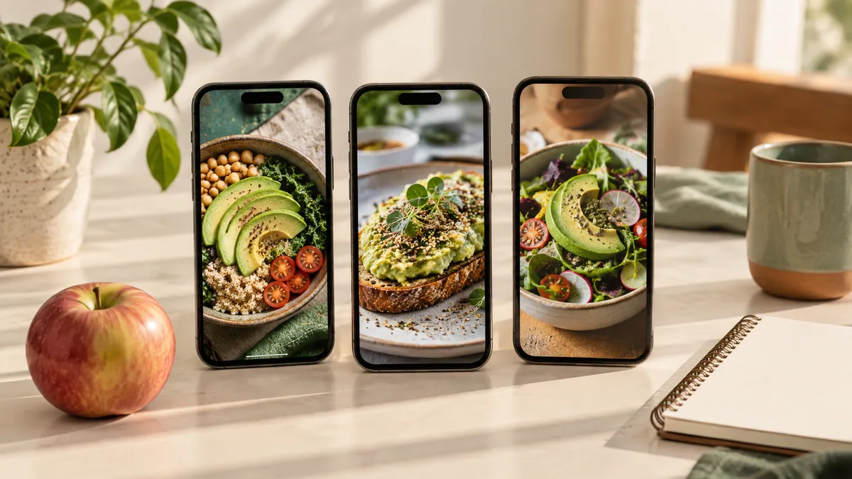 Three phones displaying food photographs