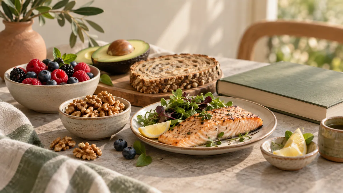 Nuts, fruits, grains and fish next to the book