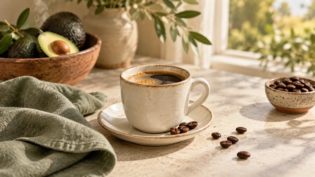Coffee cup and coffee beans in morning light