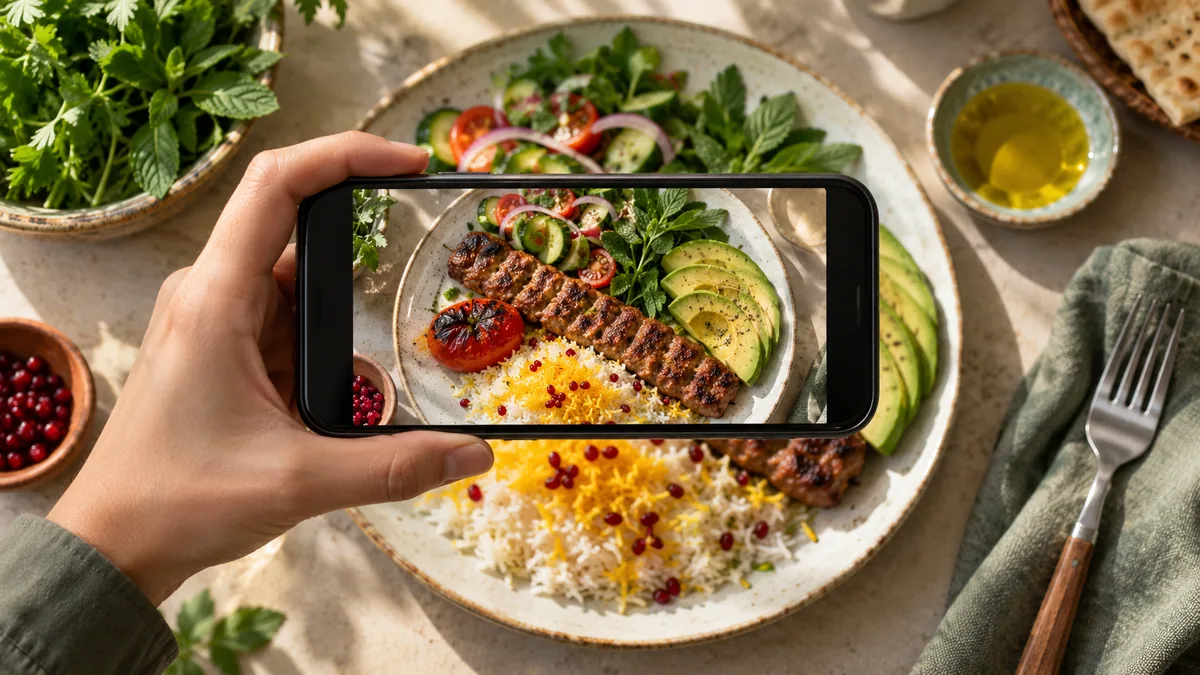Taking pictures of a plate of food with a phone, along with side dishes