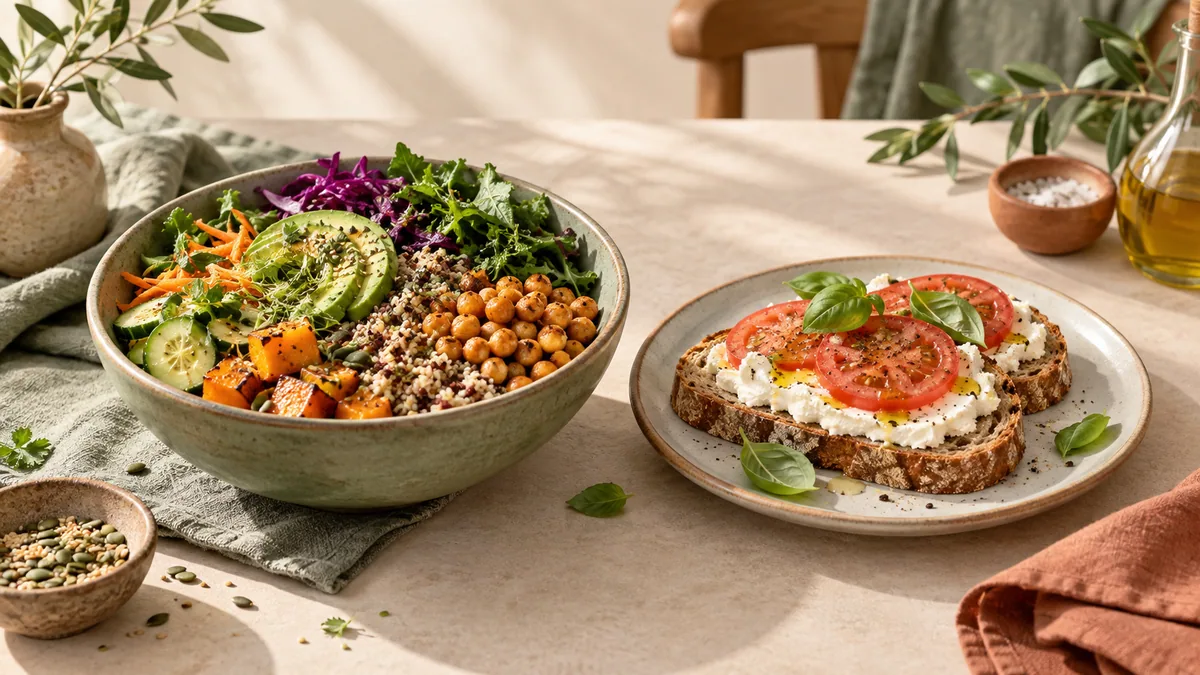 Two meals combining grains, vegetables and cheese