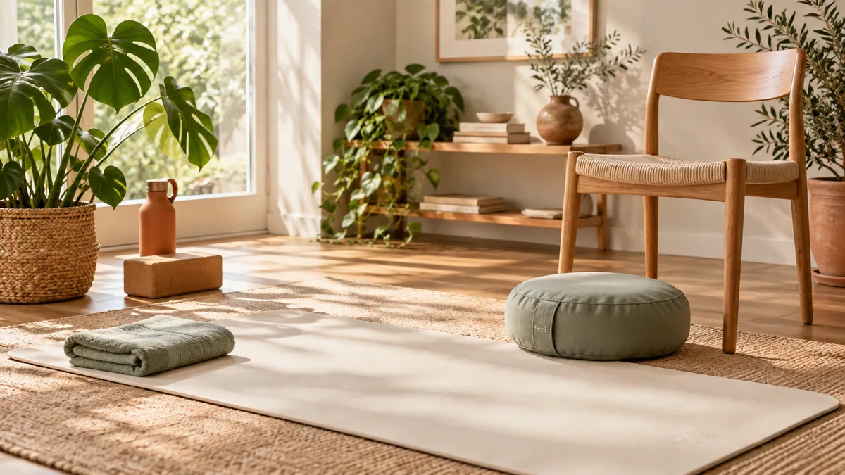 An exercise mat, cushion and chair