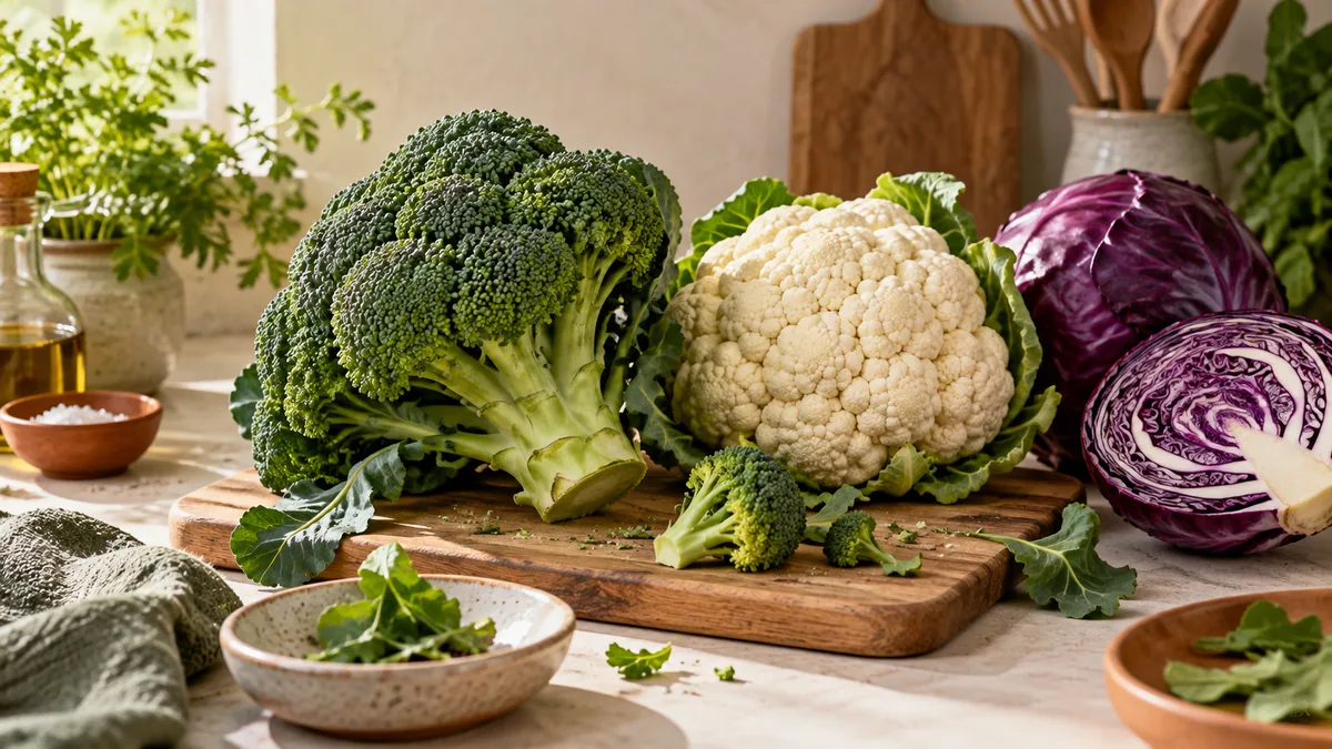 Broccoli, cauliflower and purple cabbage on the kitchen board