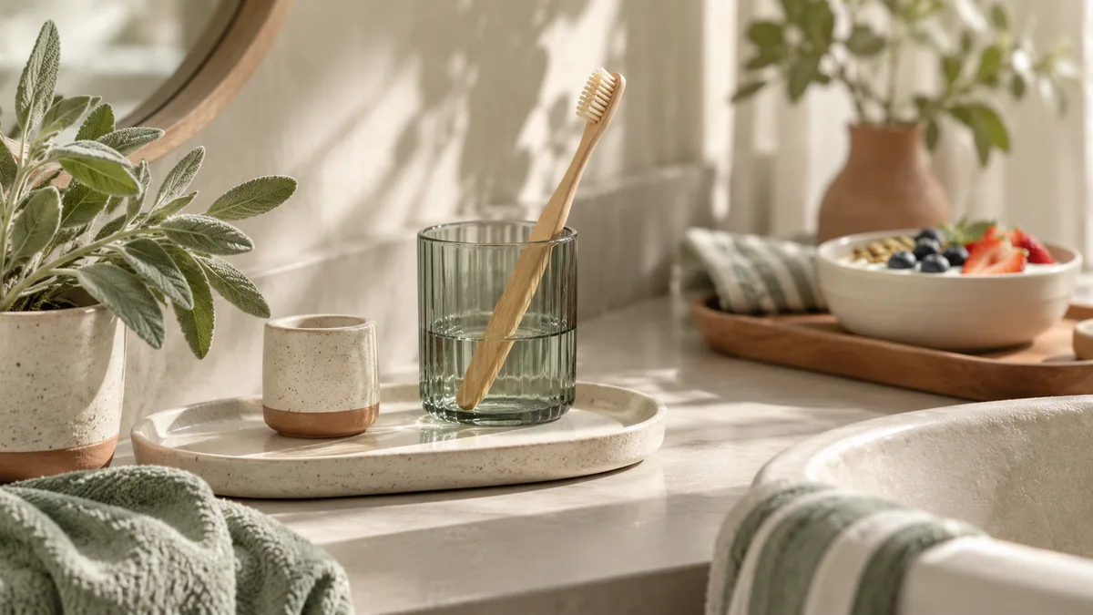 A toothbrush and glass with breakfast in the background