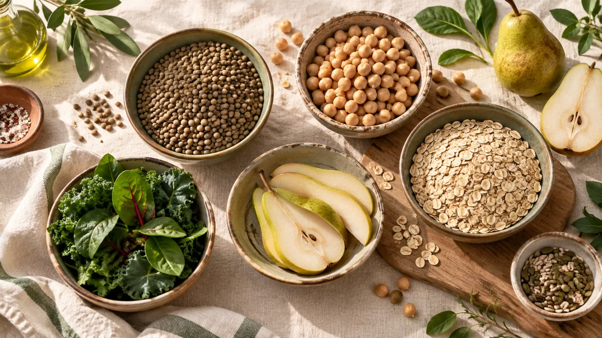 Beans, oats, pears and vegetables containing fiber