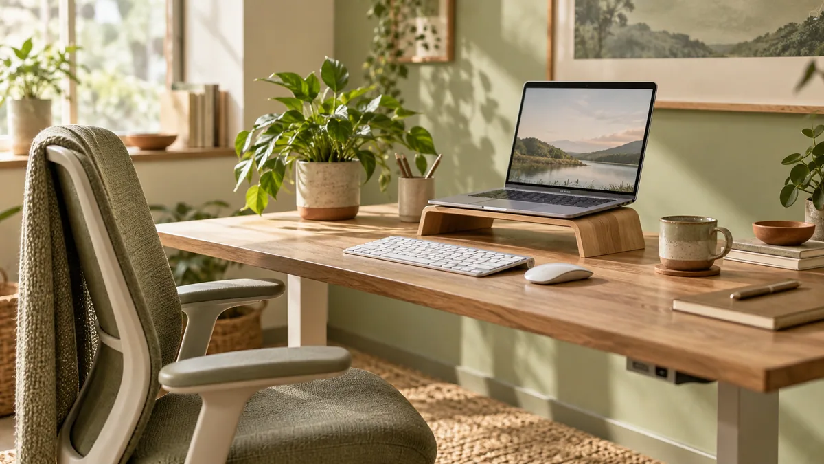 A desk with a raised monitor and chair