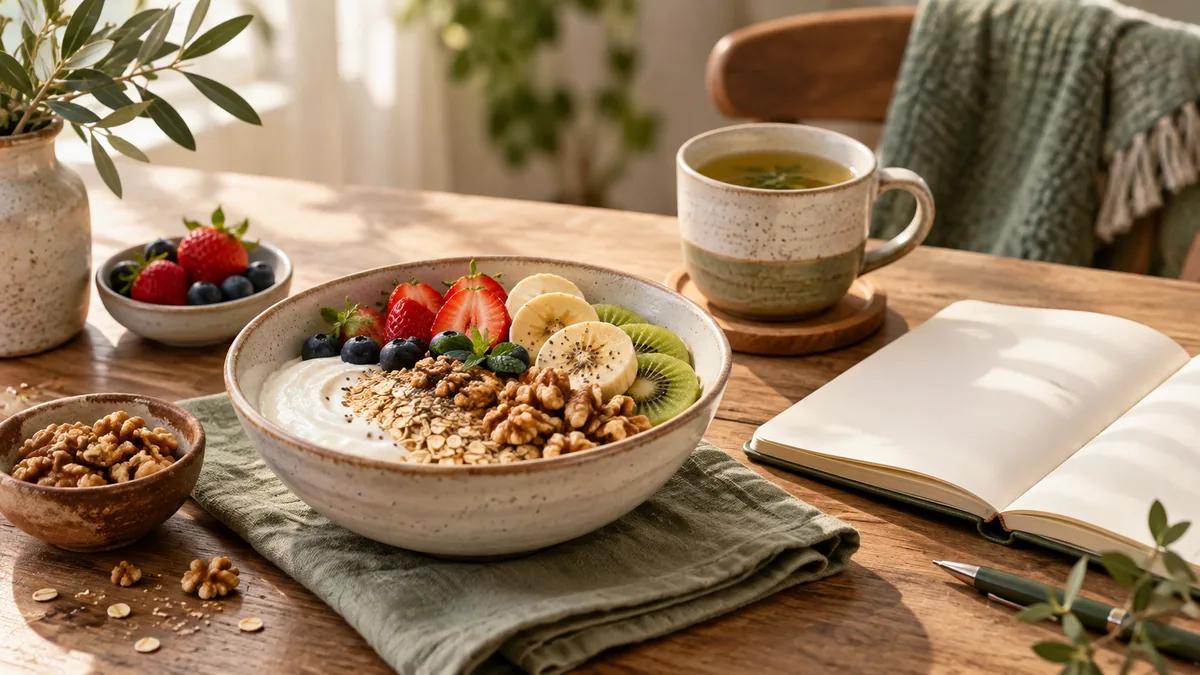 Yogurt and fruit beside a journal