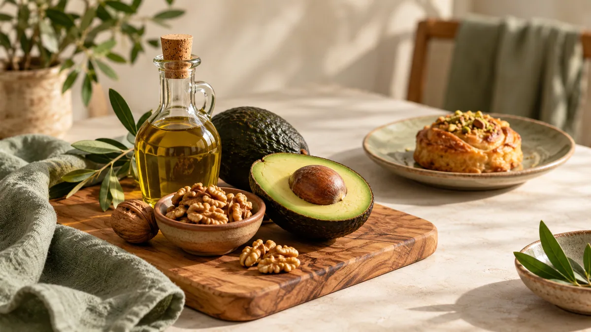 Olive oil, walnuts, avocado and a pastry
