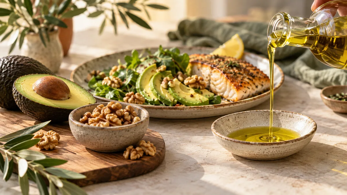 Olive oil, walnuts, avocado and fish