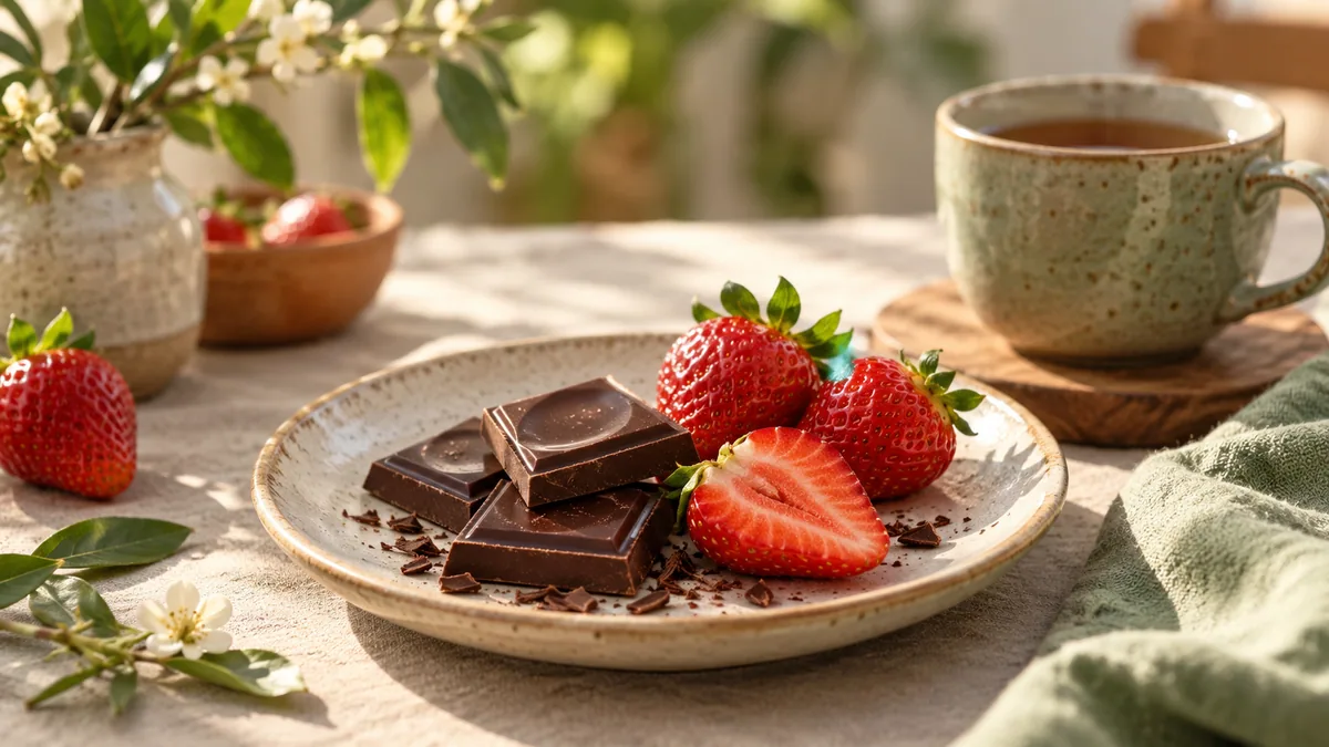 A few pieces of chocolate and strawberries on a small plate