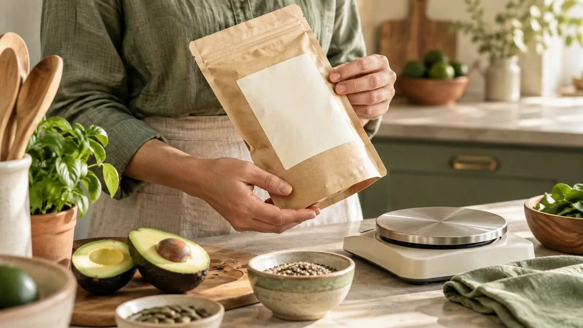 A food package beside a kitchen scale and portion container