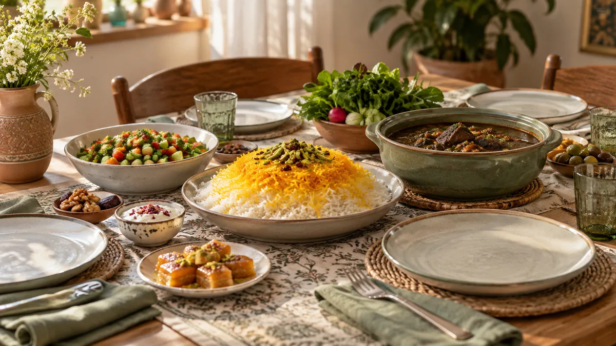 A shared meal with Persian dishes and salad