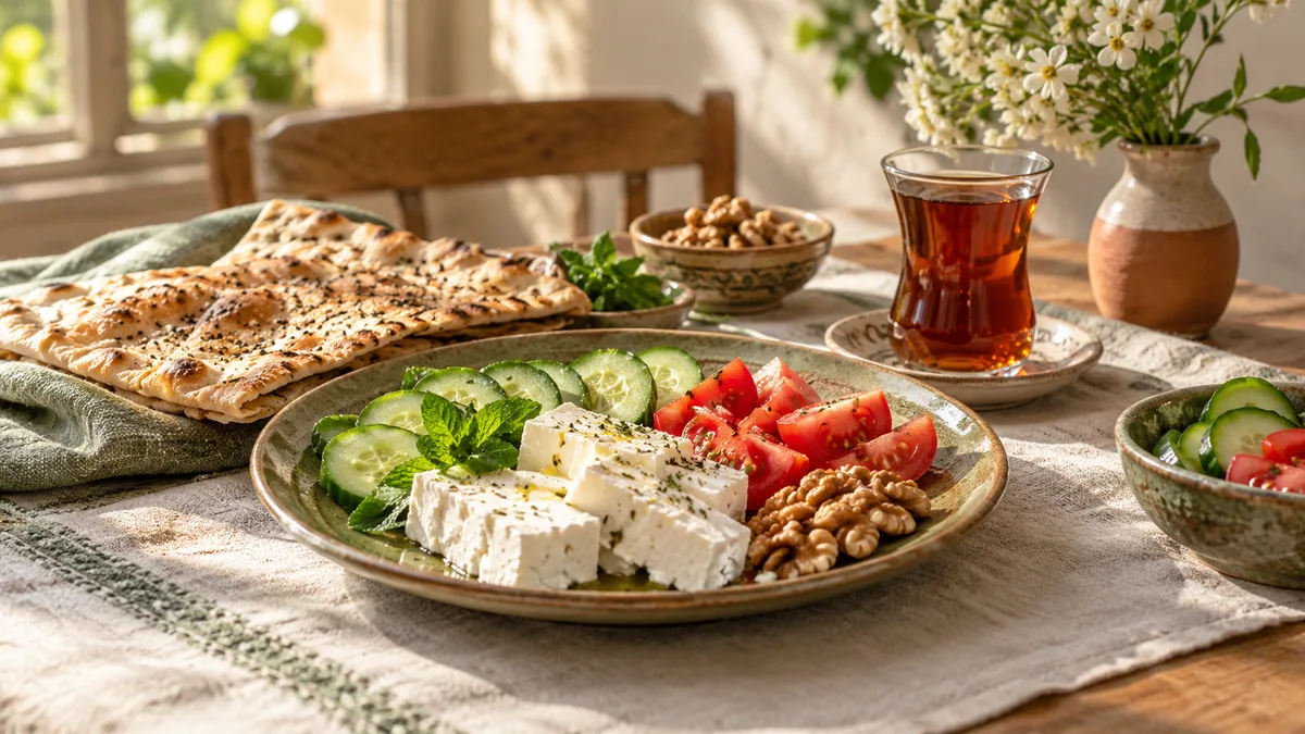 Persian breakfast with bread, cheese, walnuts, cucumber and tomato