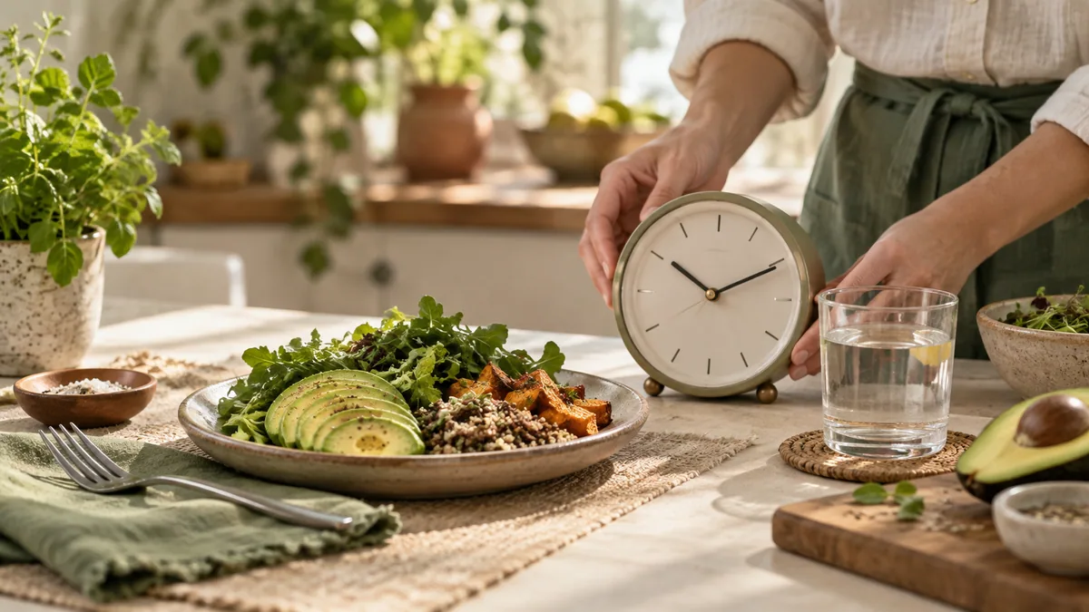 Kitchen clock next to meal and glass of water