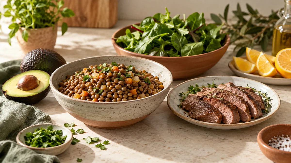Lentils, meat, vegetables and citrus fruits in food arrangement