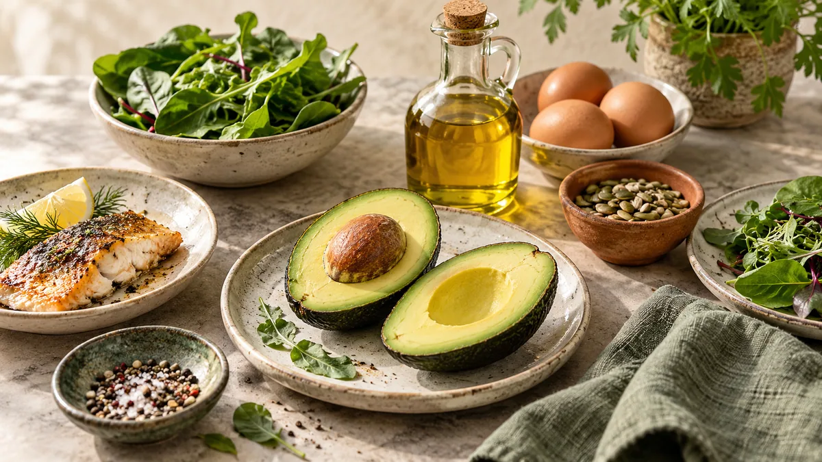 Avocados, eggs, vegetables and fish in the food arrangement