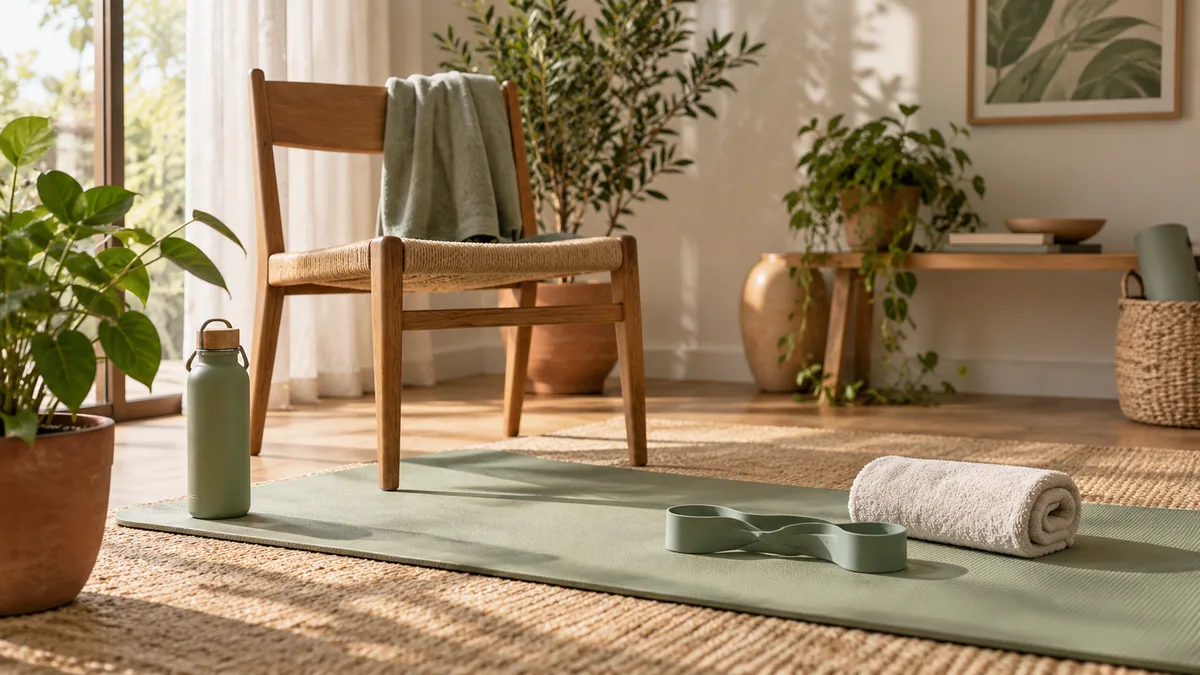 A chair, light resistance band and towel for home exercise