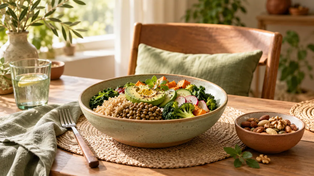 Bowl of lentils, rice and vegetables to show the composition of a meal