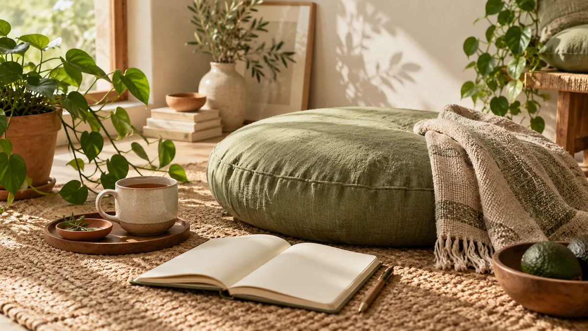 A quiet corner with cushions, plants and notebooks