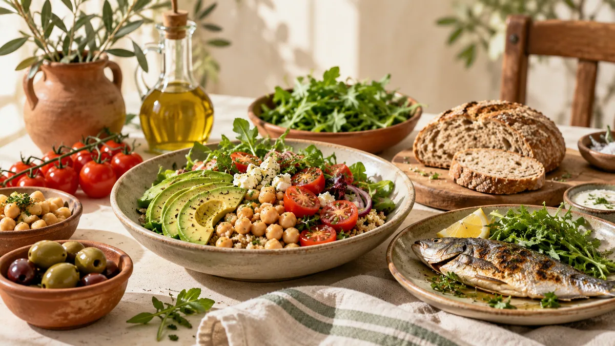 A combination of legumes, vegetables, olive oil, grains and fish