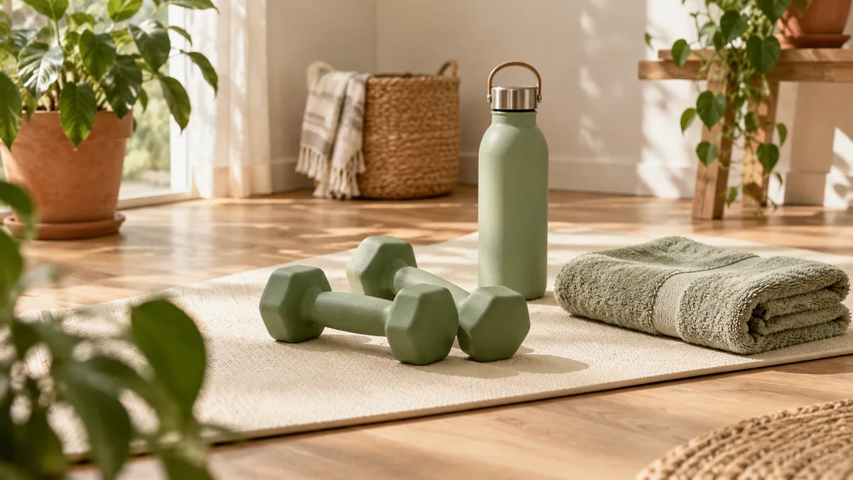 Dumbbells, an exercise mat and a water bottle