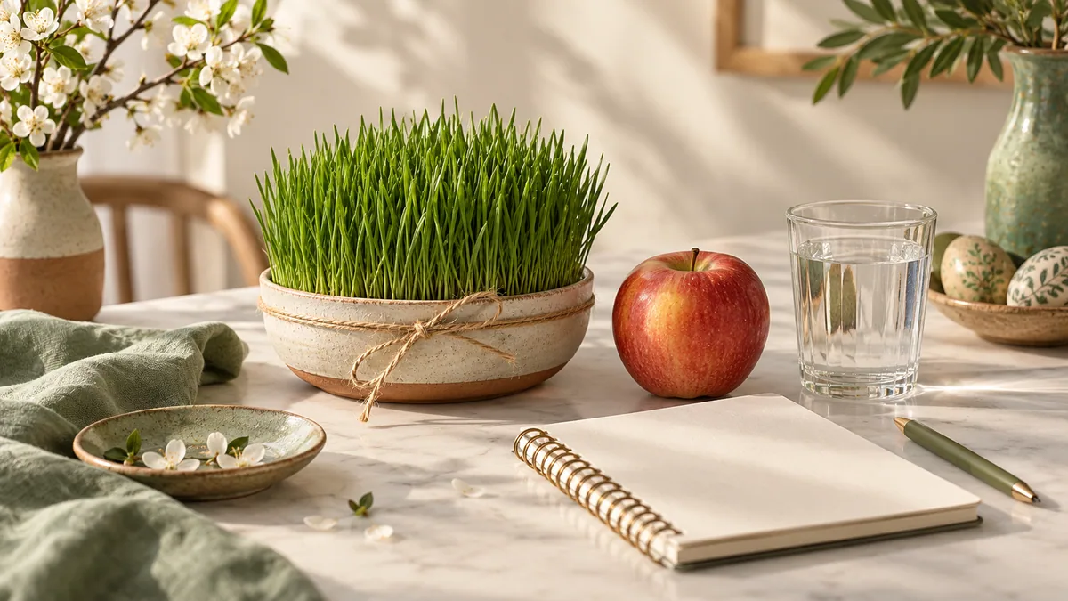 Sprouts, an apple and a notebook in a Nowruz setting