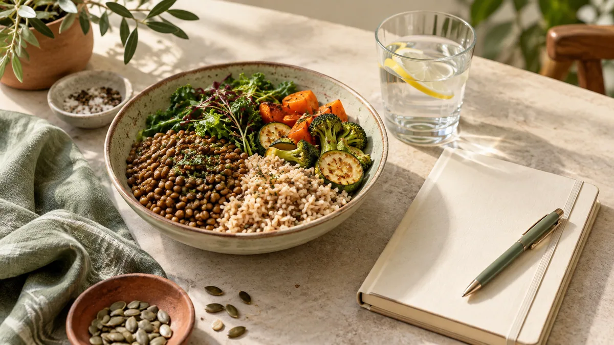 A varied meal beside a food journal