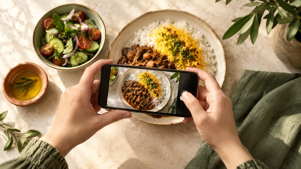 Rice, stew, salad and side dishes ready for a food photo