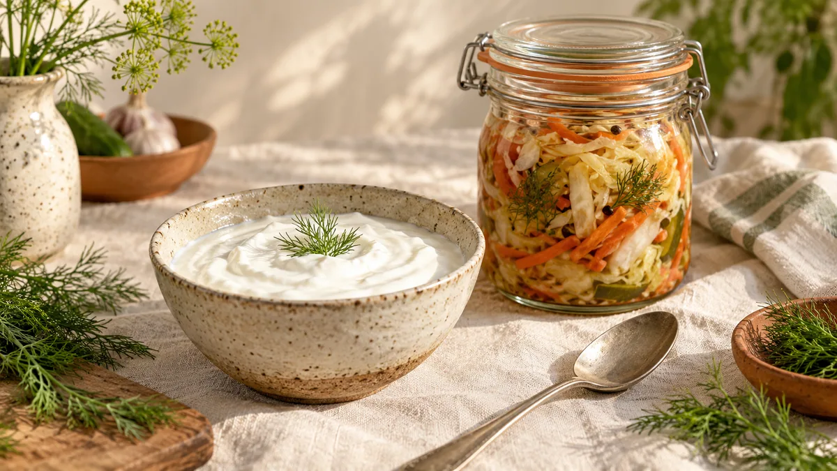 Yogurt and fermented vegetables in simple containers