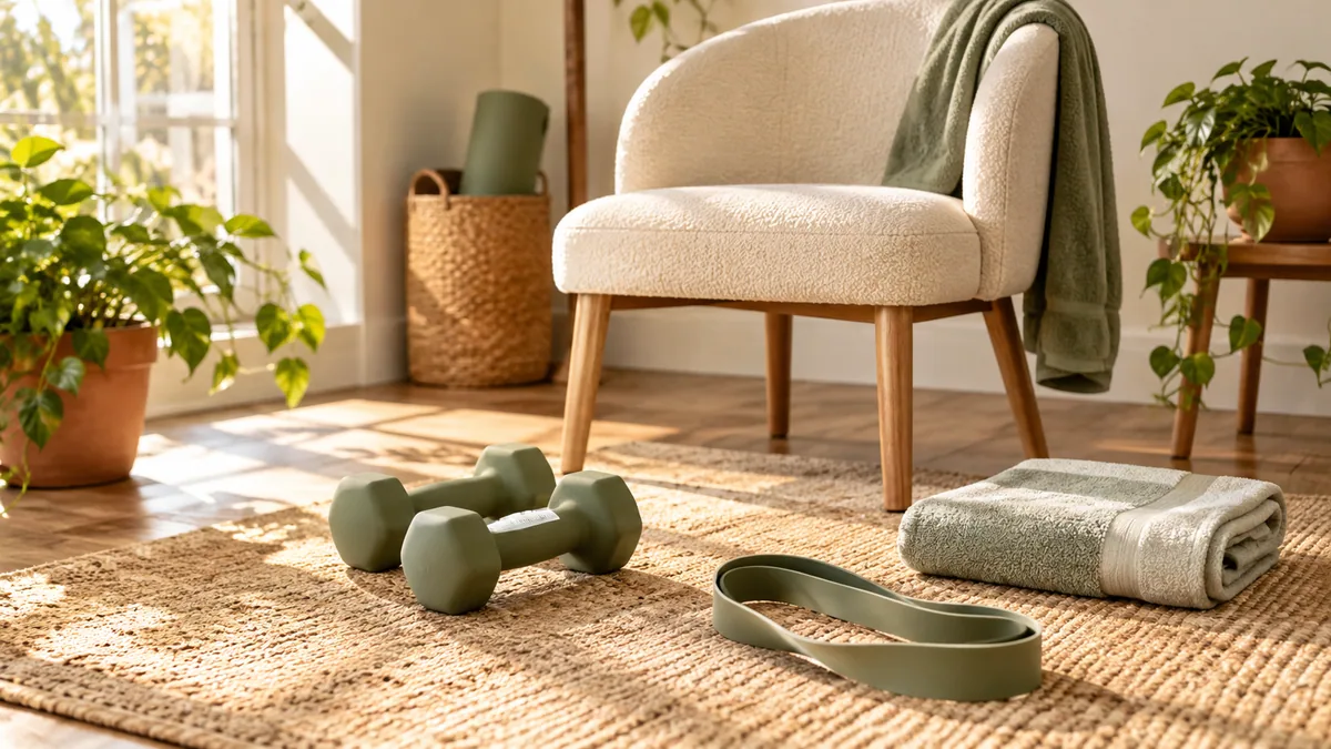 Resistance bands, dumbbells and a chair