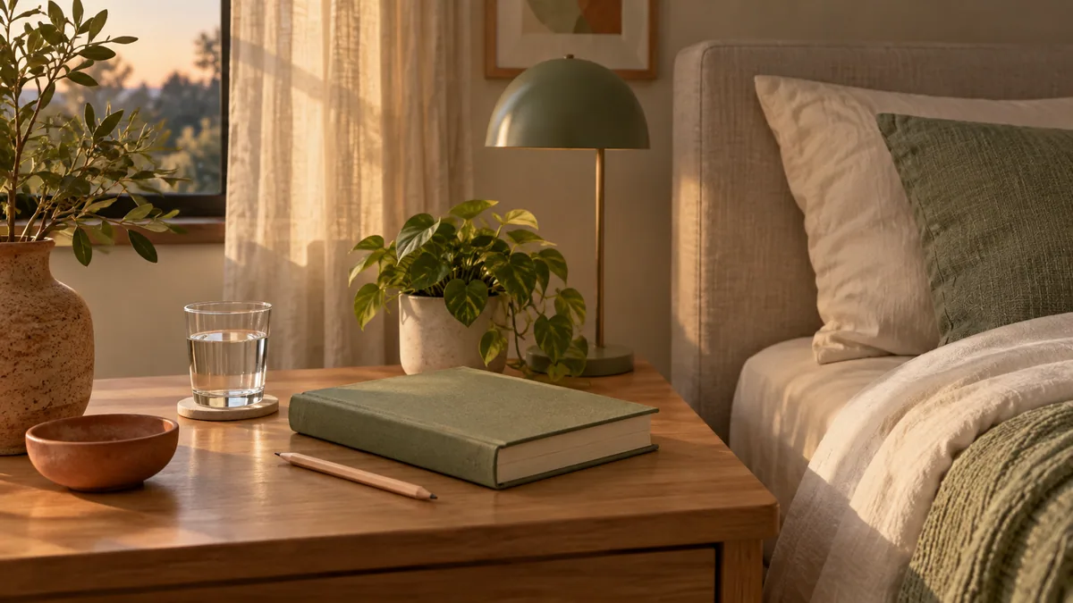 A closed book beside a bed