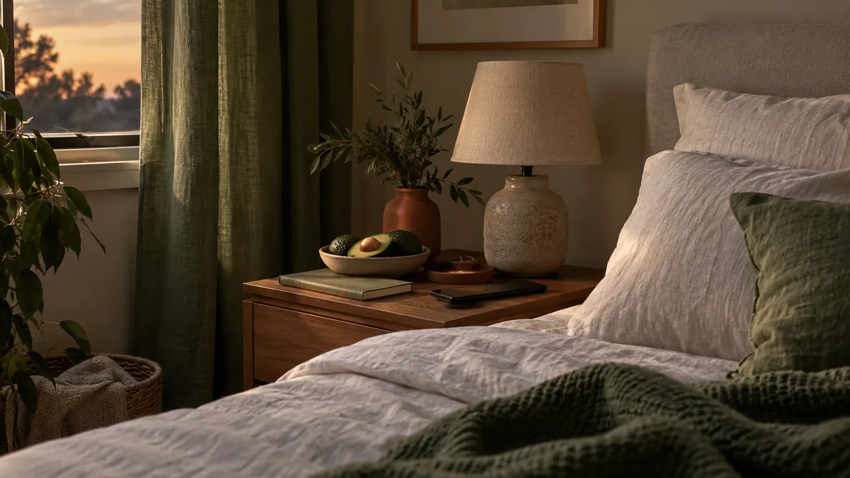 Quiet space by the bed with a book and soft light