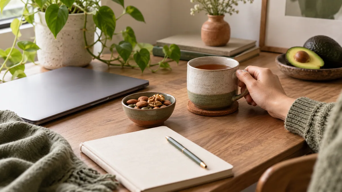 A desk with tea and a notebook