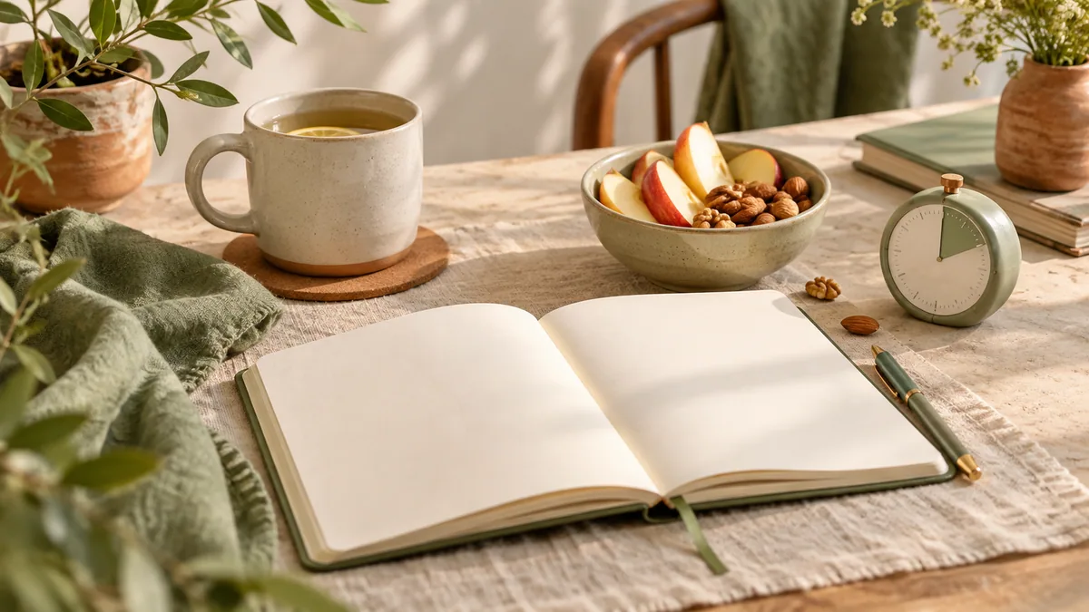 A notebook, snack and timer for a short break