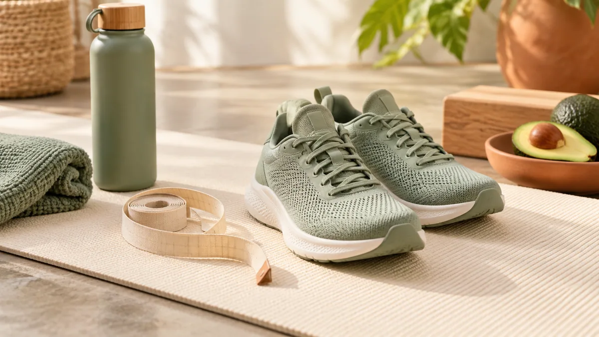 A tape measure and shoes on an exercise mat