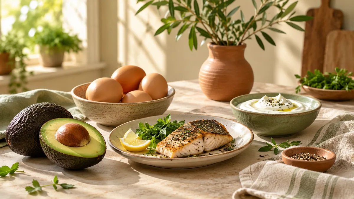 Eggs, fish and yogurt in natural light