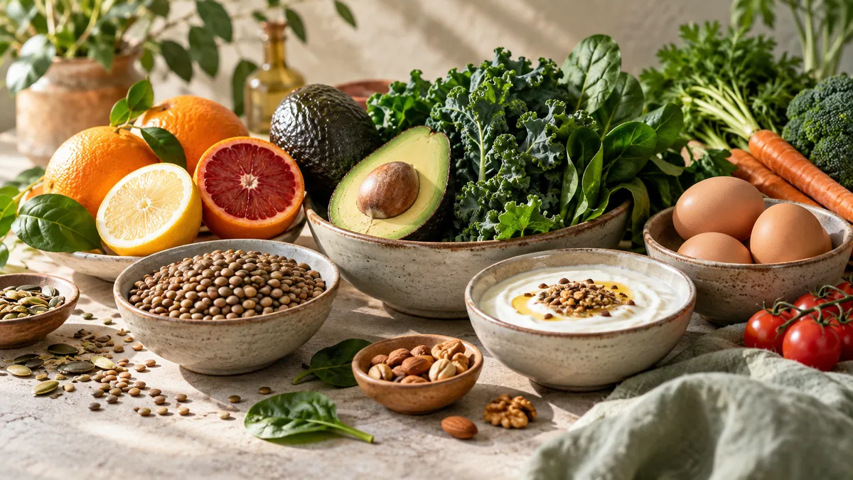 Variety of food including fruits, vegetables, eggs and legumes