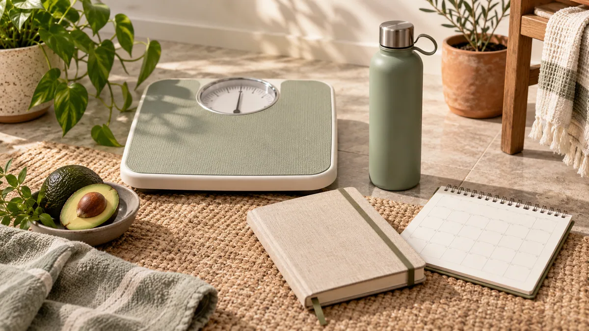 A scale beside a notebook for tracking trends