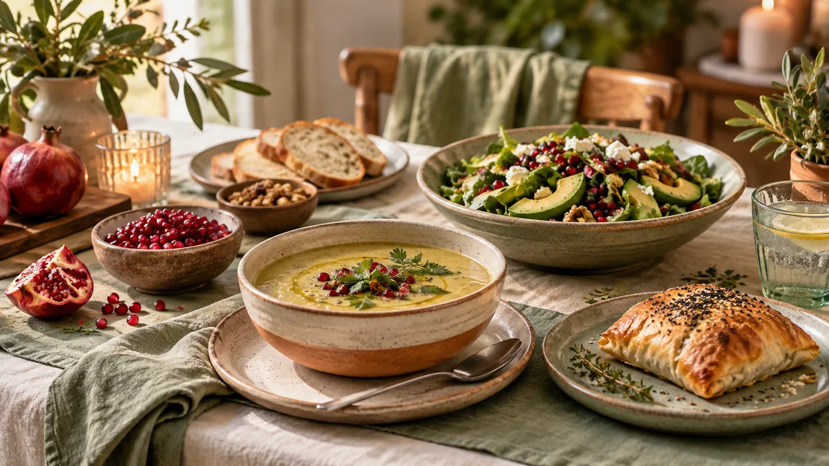 Winter party arrangement with soup, salad and pomegranate